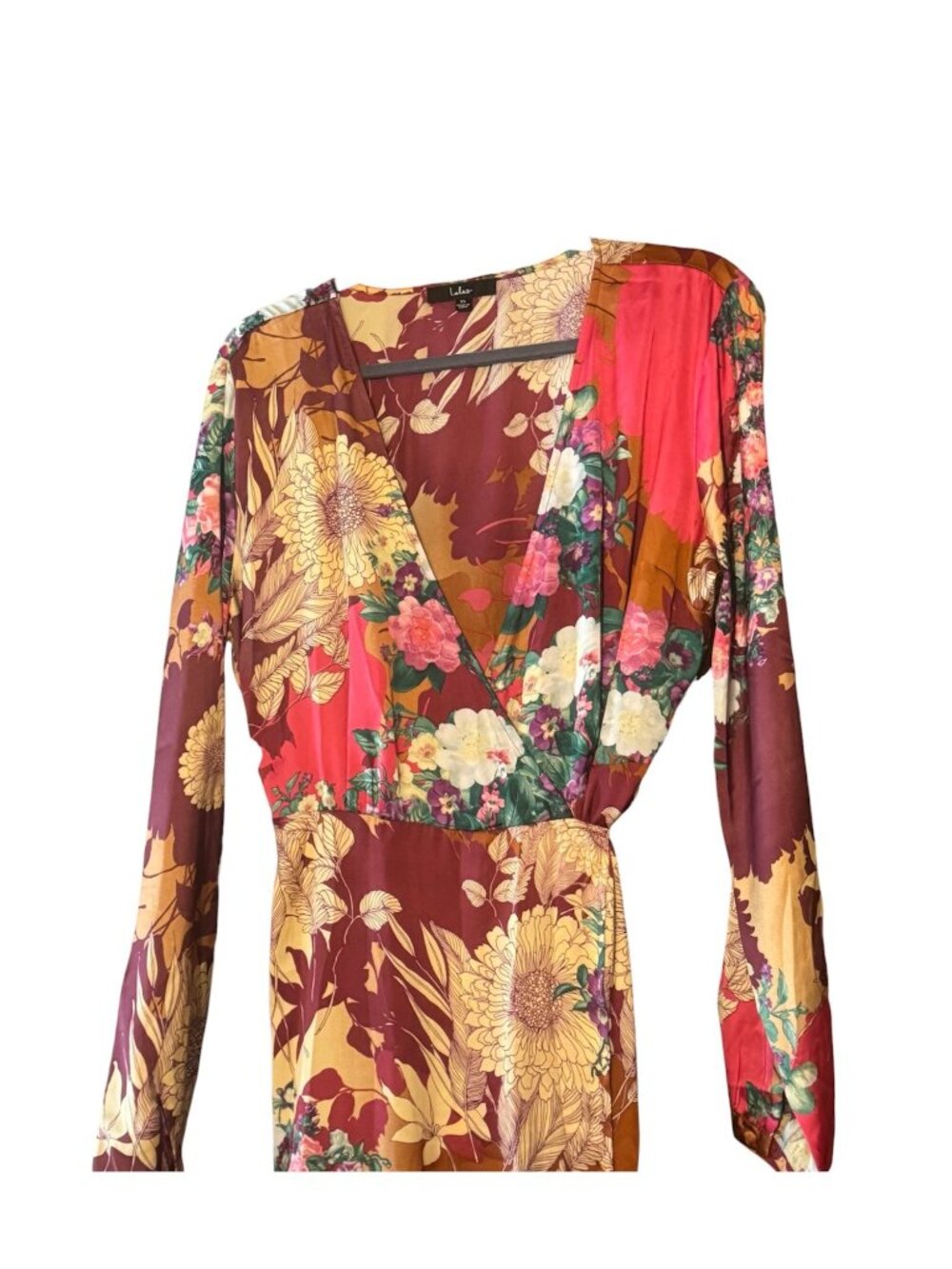 Lulus Put On a Smile Burgundy Floral Satin Wrap Maxi Dress Size XL Long Sleeve - Picture 3 of 8